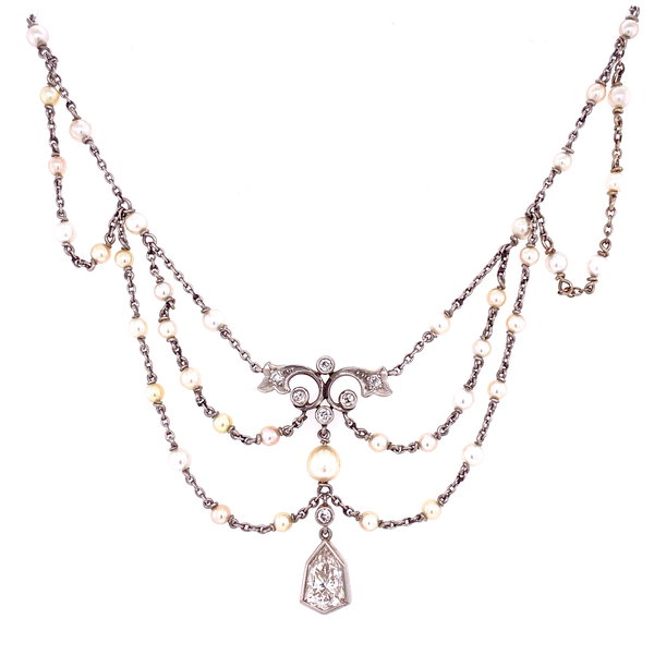 Closeup photo of Platinum 18K YG Edwardian 1.50ct Diamond & Seed Pearl Bib Necklace 1.25tcw