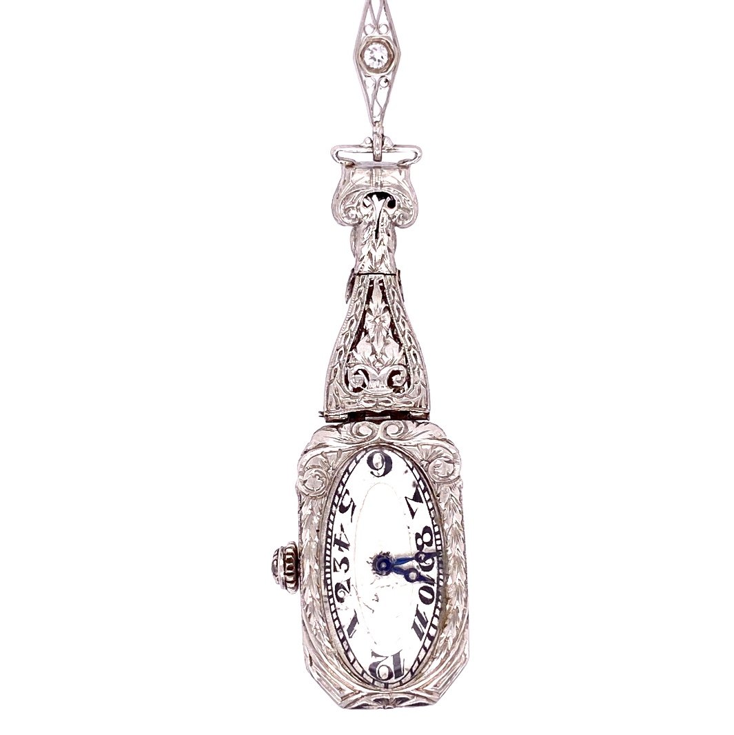Platinum Art Deco Watch Pendant 4.00tcw Diamonds 23.5g, 24" Chain
