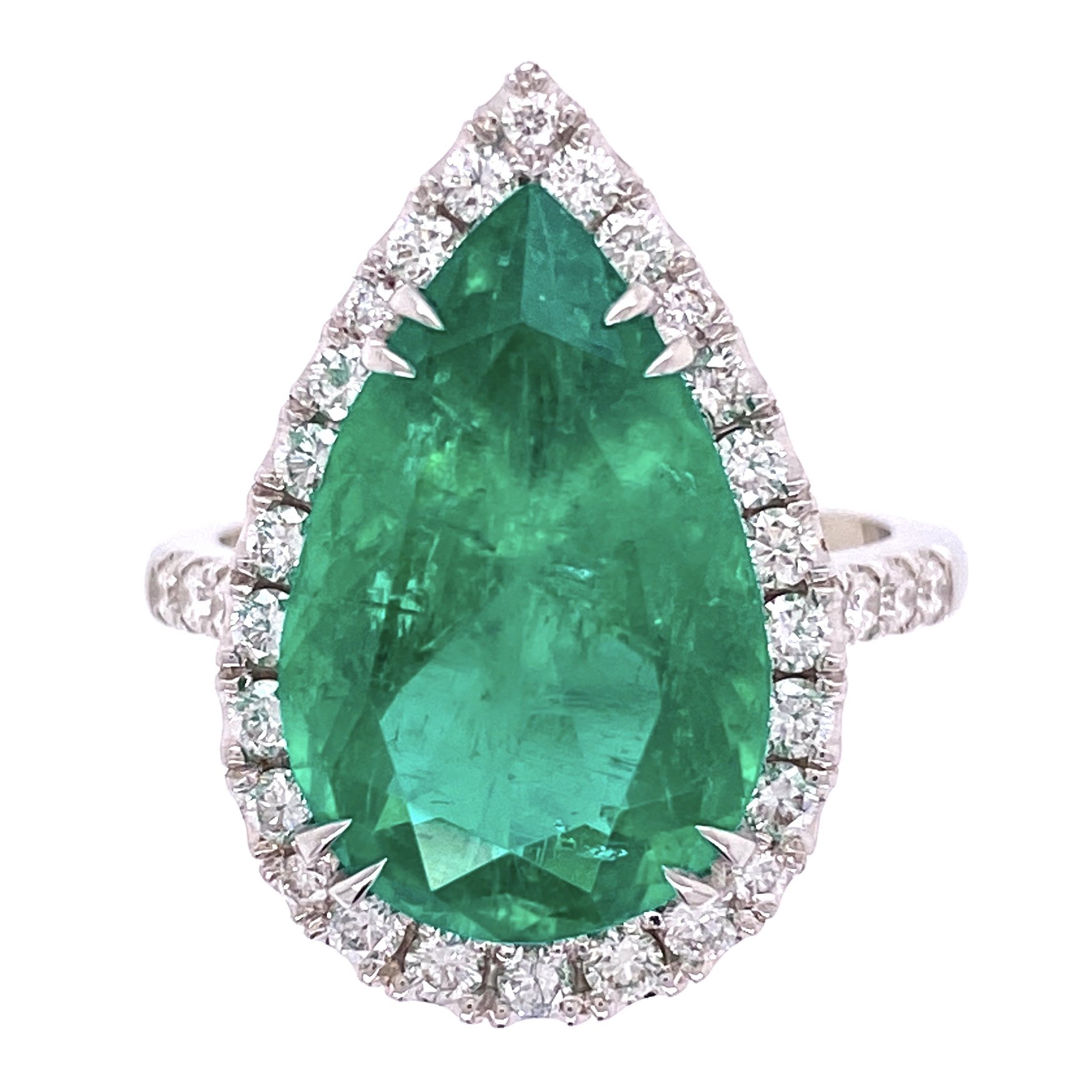 18K White Gold 6.96ct Pear Shape Emerald & .85tcw Diamond Ring, s7