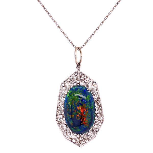Closeup photo of Platinum Art Deco 9.28ct Black Opal & .90tcw Diamond Pendant Necklace
