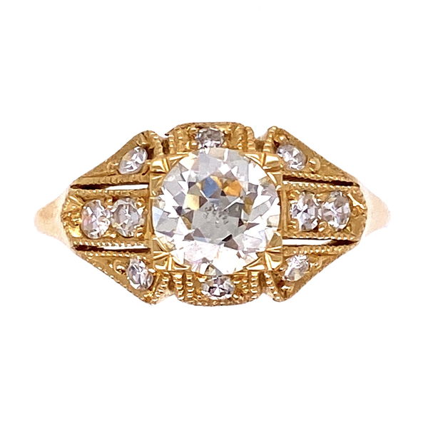 Closeup photo of 18K YG Art Deco .81tcw & .23tcw Side Diamond Ring, s6.5