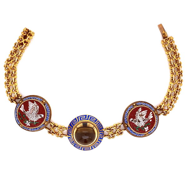 Closeup photo of 14K YG Victorian Citrine, Enamel & Micro Mosaic Bracelet 19.3g, 6.25"