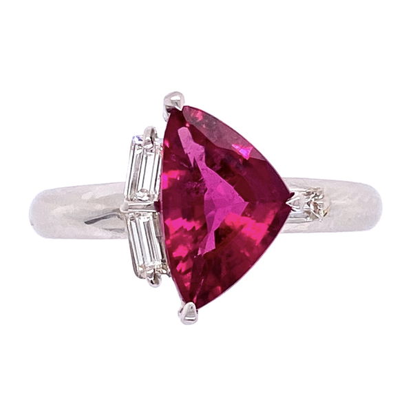 Closeup photo of Platinum 1.68ct Sheild Rubellite Tourmalime & .18tcw Diamond Ring, s6.5