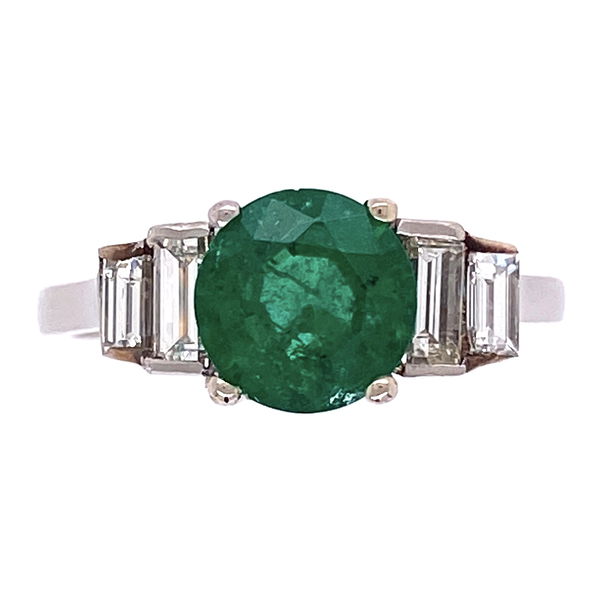 Closeup photo of Platinum 1.00ct Round Emerald & .35tcw Diamond Ring, crica 1950's, s5.25