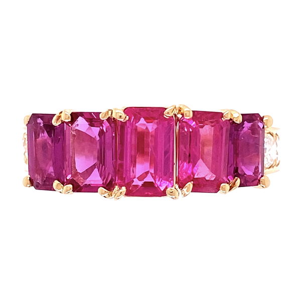 Closeup photo of 18K YG 5 Ruby are 2.87tcw & .82tcw Diamond Ring