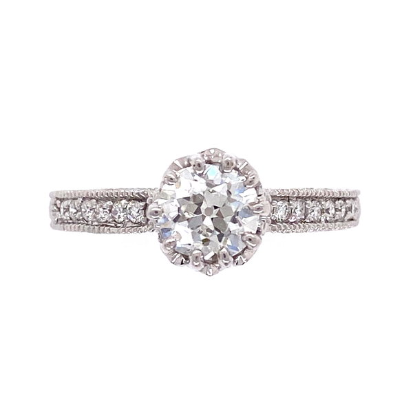 Closeup photo of 14K WG .93ct Old European Cut Diamond GIA H-SI1 & .08tcw RBC Diamond Ring 3.7g, s6.5