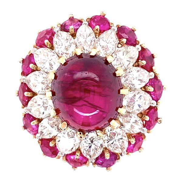 Closeup photo of Platinum & 18K 4.91ct Ruby Cabochon BURMA NO HEAT GIA & 1.50tcw Diamond Ring 8.3g, s5.25