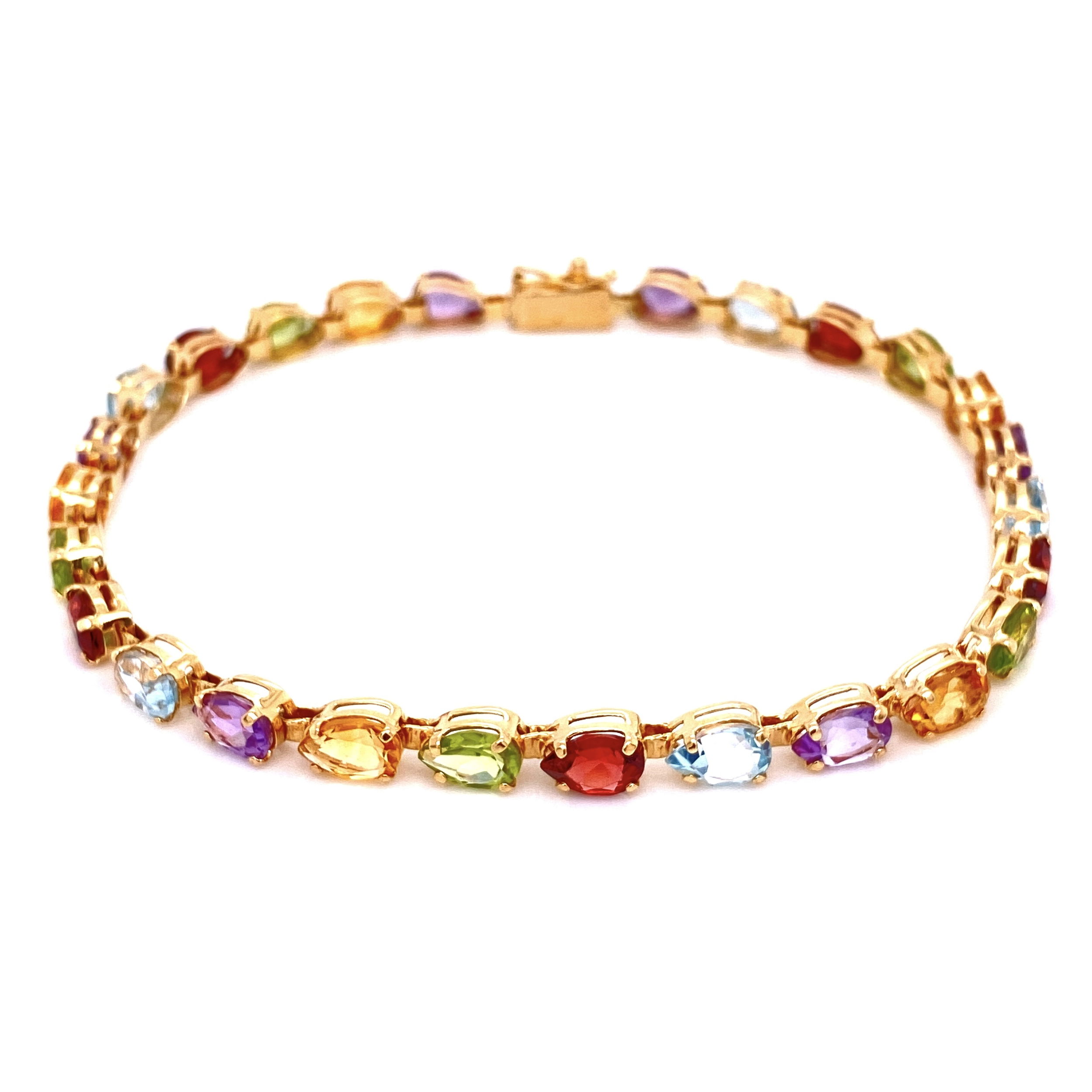 14K YG Mulit Color Pear Shape Gemstone Bracelet 6.6g, 7.5"