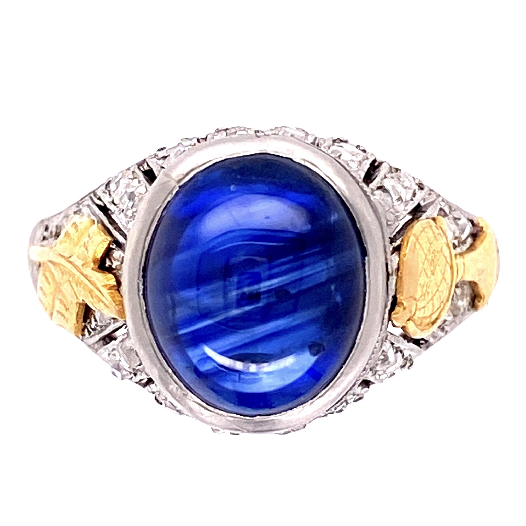 Platinum Art Deco Cabochon Sapphire & Diamond Ring 5.4g
