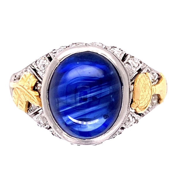 Closeup photo of Platinum Art Deco Cabochon Sapphire & Diamond Ring 5.4g