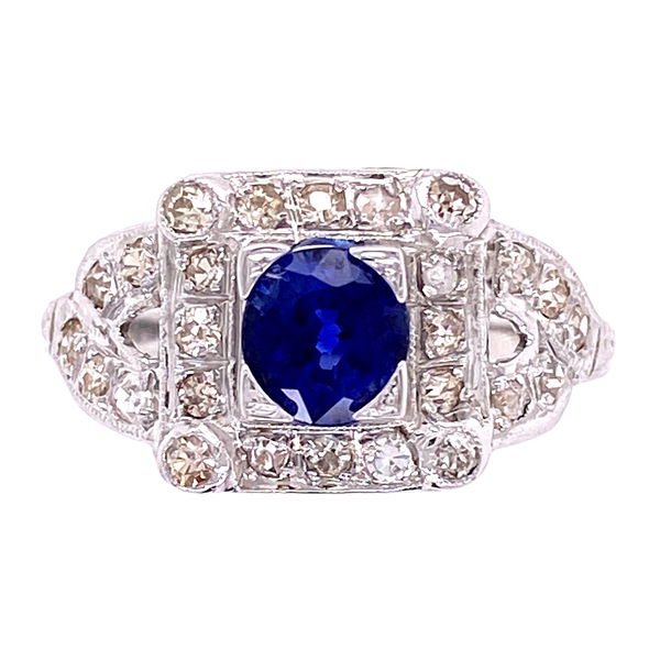 Closeup photo of 18K WG Art Deco Sapphire & Diamond Ring, s6.5
