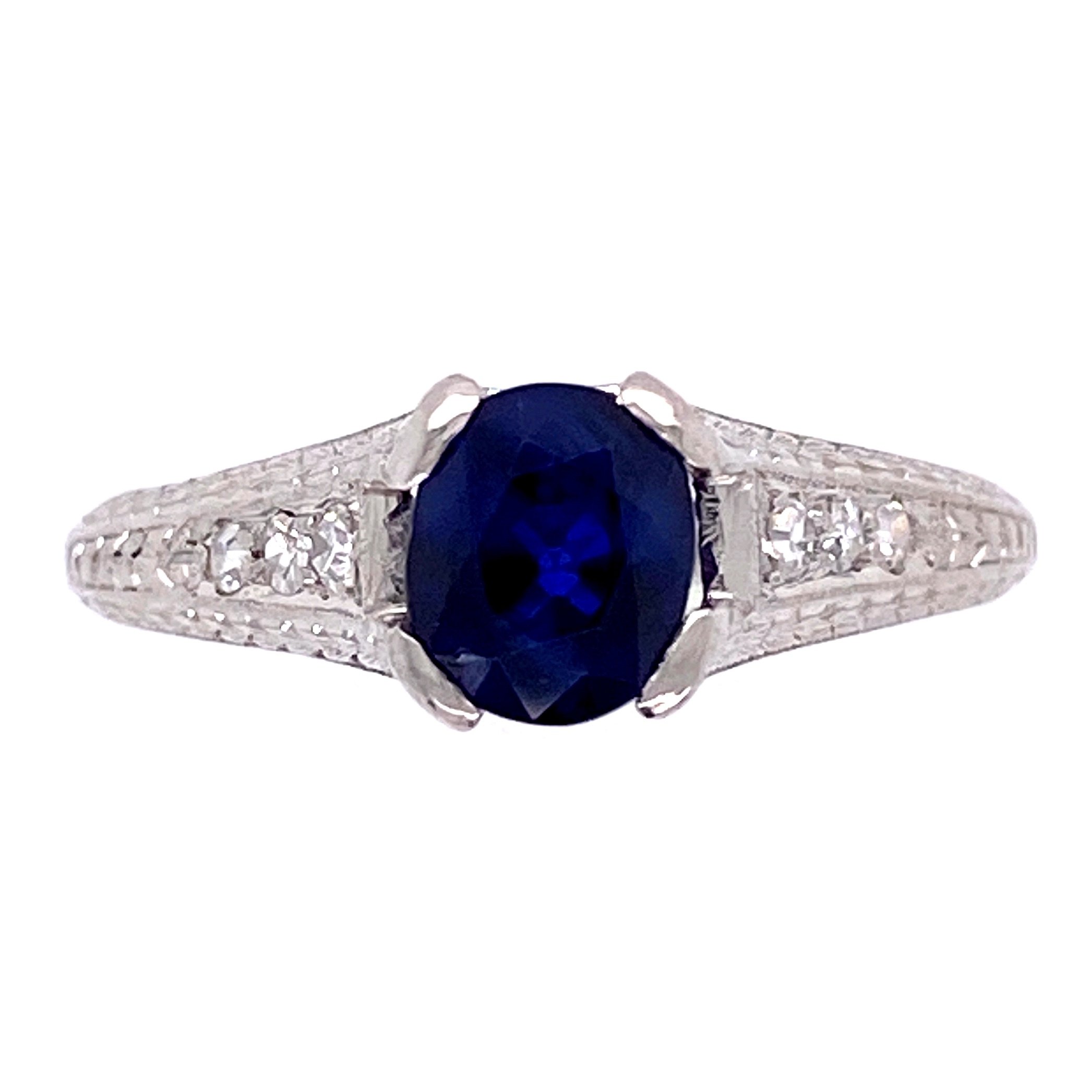 Platinum Art Deco 1.05ct Sapphire & .08tcw Diamond Ring 3.6g, s5.25