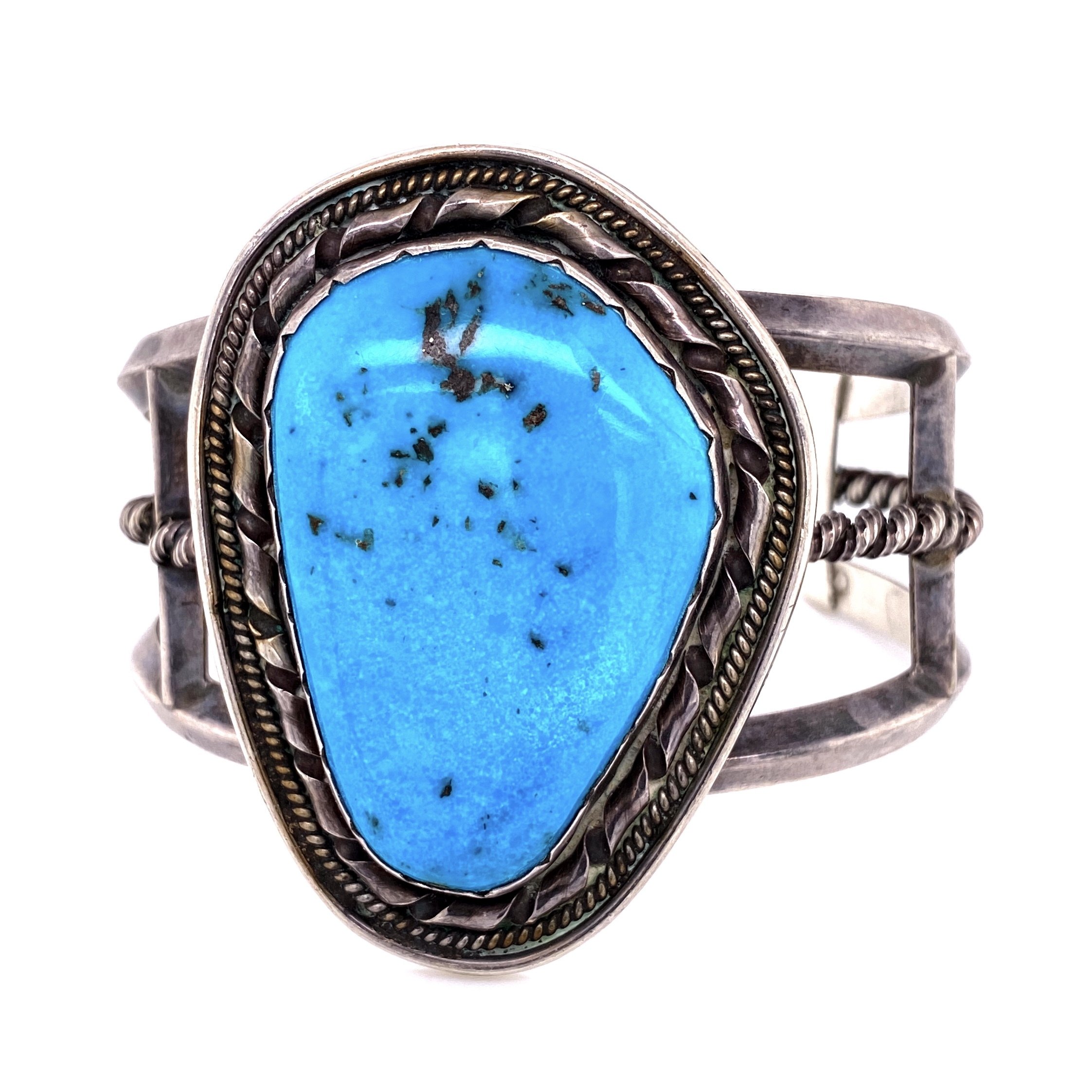 925 Sterling Old Pawn Turquoise Cuff Bracelet Stamped "ET" 71.0g