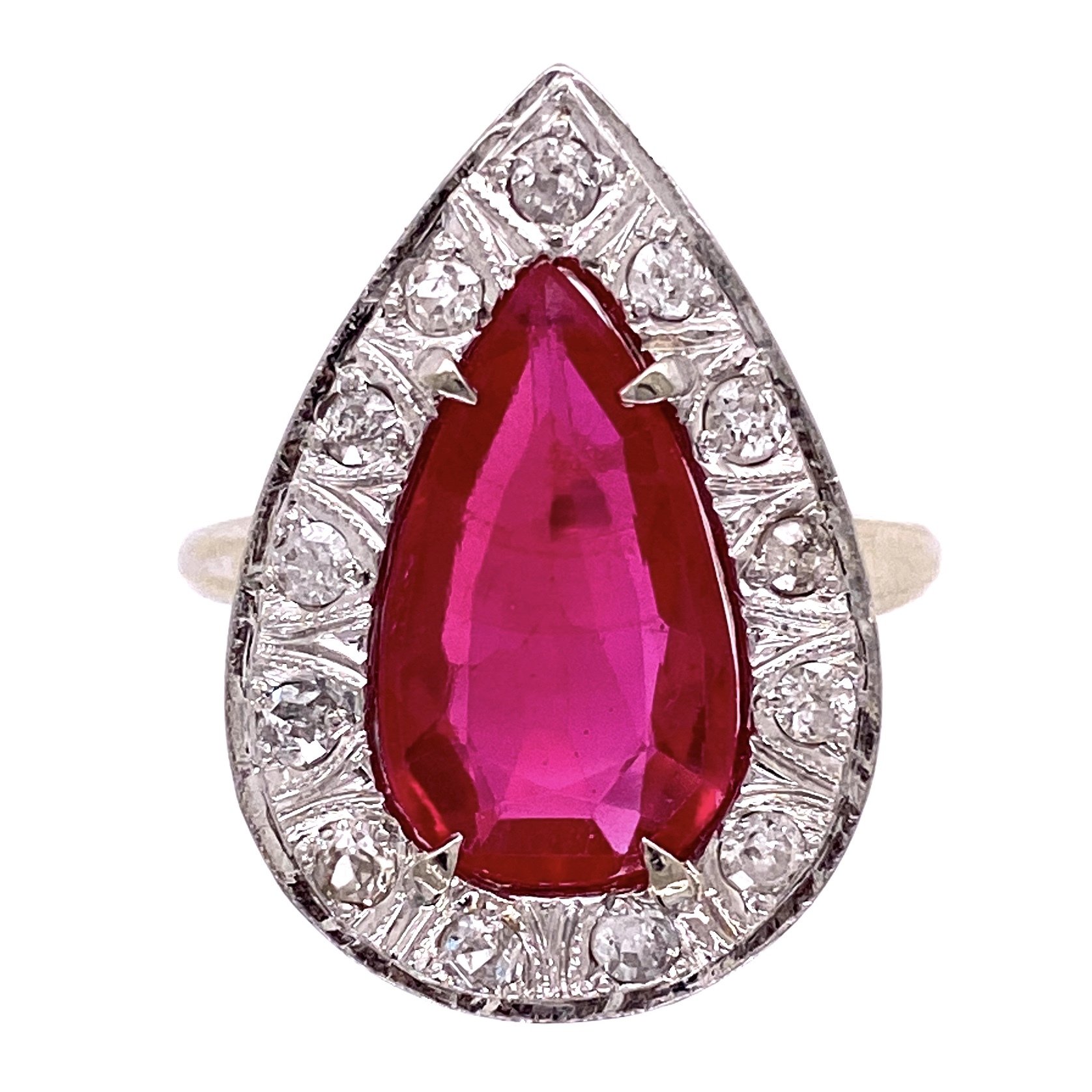 14K WG Synthetic Pear Shape Ruby & Diamond Ring, 9.0g