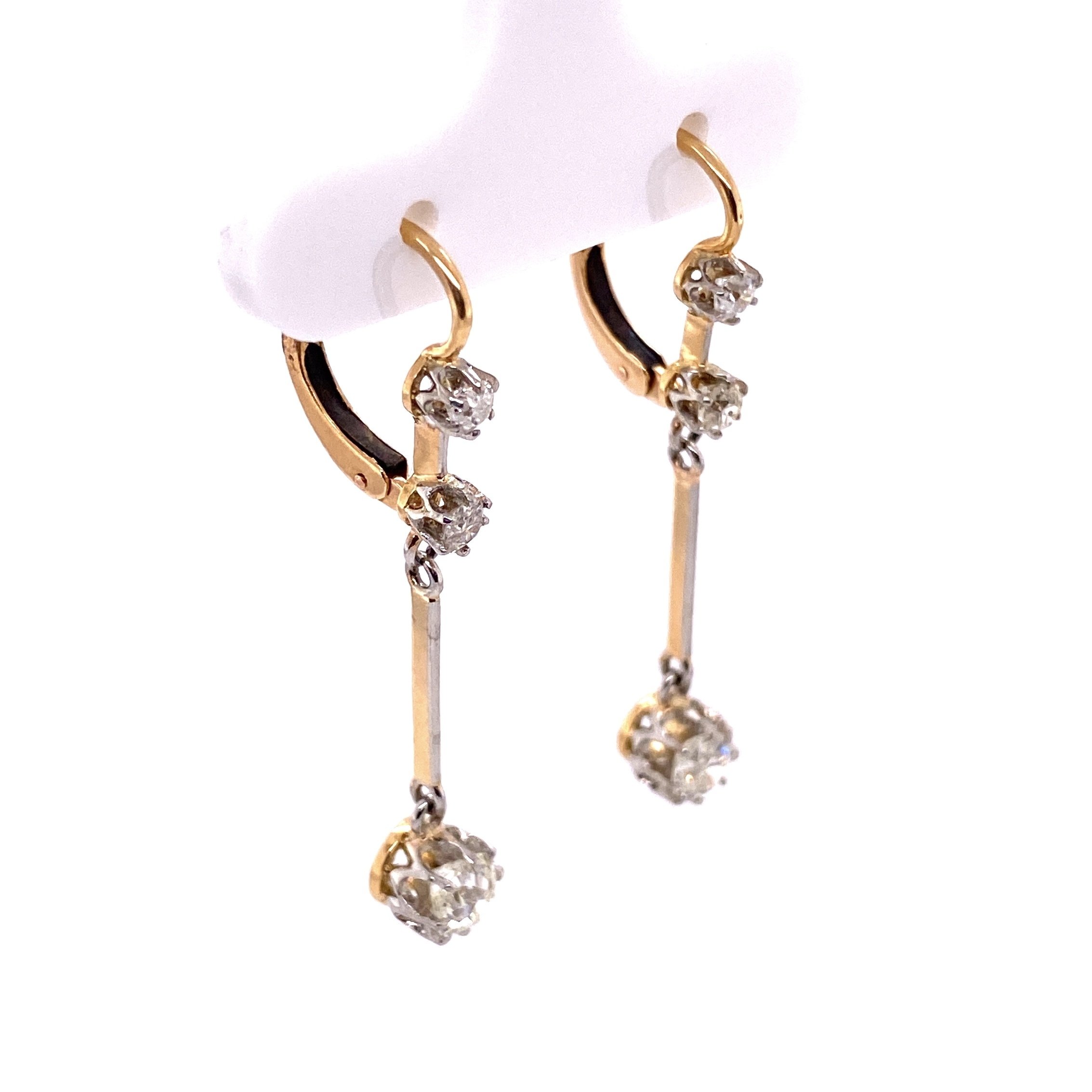 Platinum on 18K Edwardian 3 Diamond Drop Earrings 1.26tcw, 1.5" Long