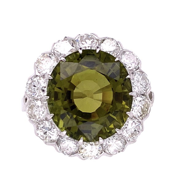Closeup photo of Platinum Art Deco 8.21ct Oval Green Tourmaline & 1.68tcw Diamond Ring, s6.75
