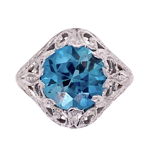 Closeup photo of 14K WG Art Deco 3.20ct Round Deep Blue Zircon Ring, s6.5