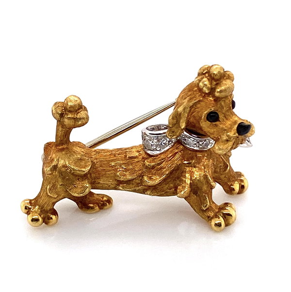 Closeup photo of 18K YG CARTIER Italy Dog Brooch Revolving Head Onyx & Diamond Collar 9.8g, c1970