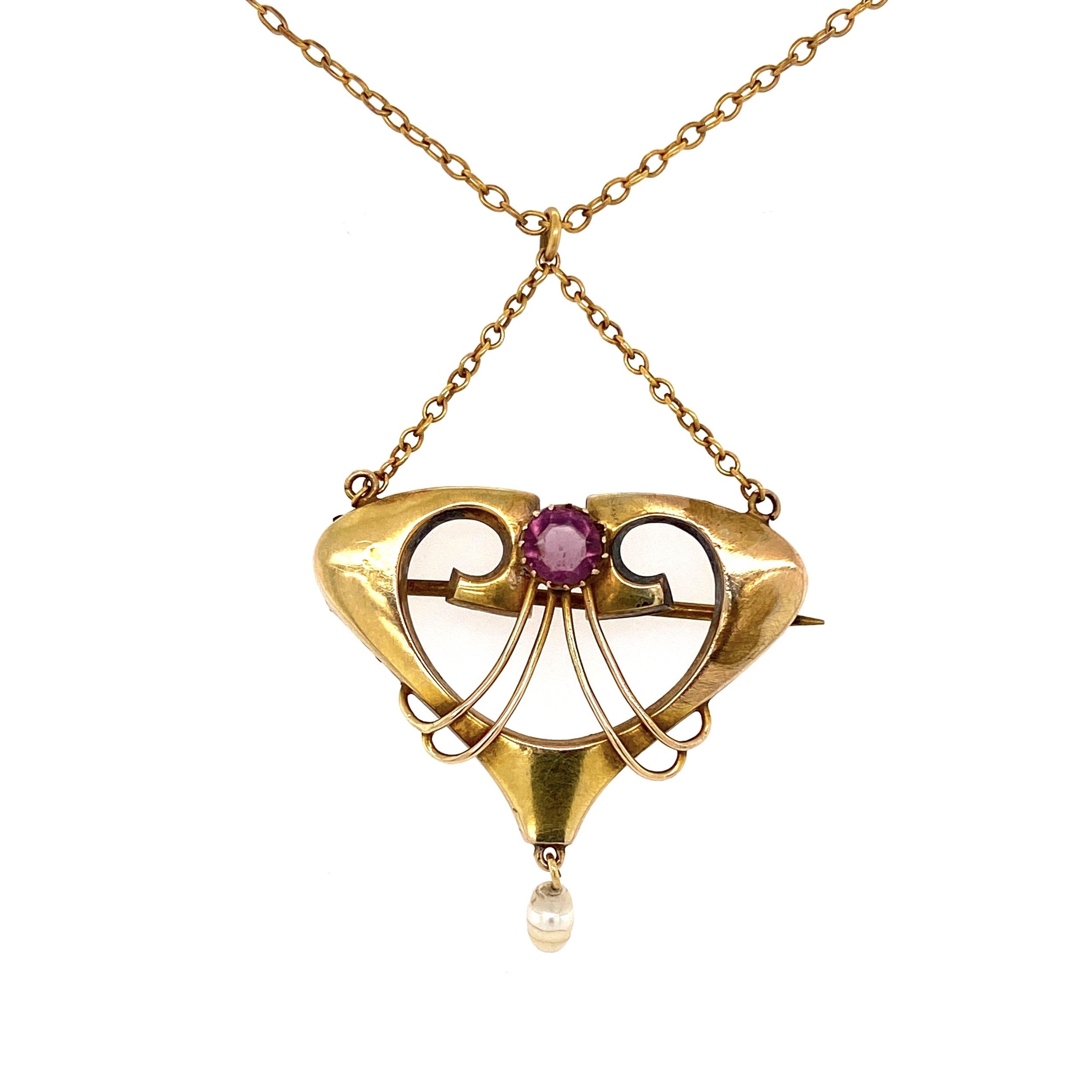 Art Nouveau Yellow Gold Necklace with Amethyst & Pearl 3.3g, 18"