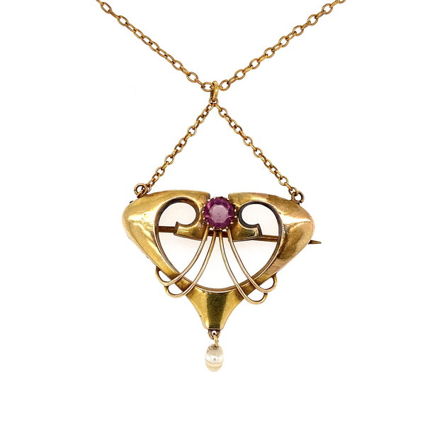 Closeup photo of Art Nouveau Yellow Gold Necklace with Amethyst & Pearl 3.3g, 18"