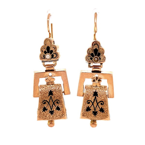 Closeup photo of 9K RG Victorian Enamel Earrings 5.1g, 1.5"