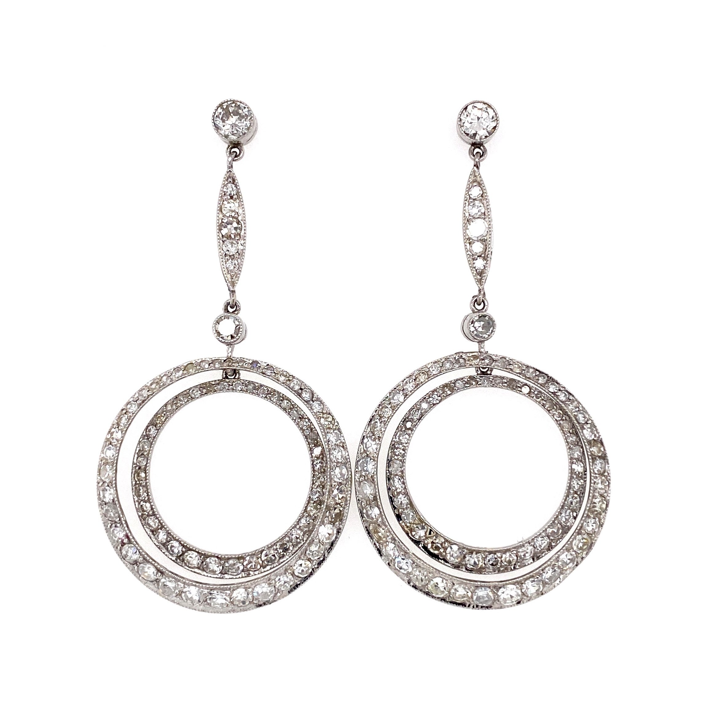 Platinum Drop Double Circle 4.50tcw Diamond Earrings 10.5g, 2"