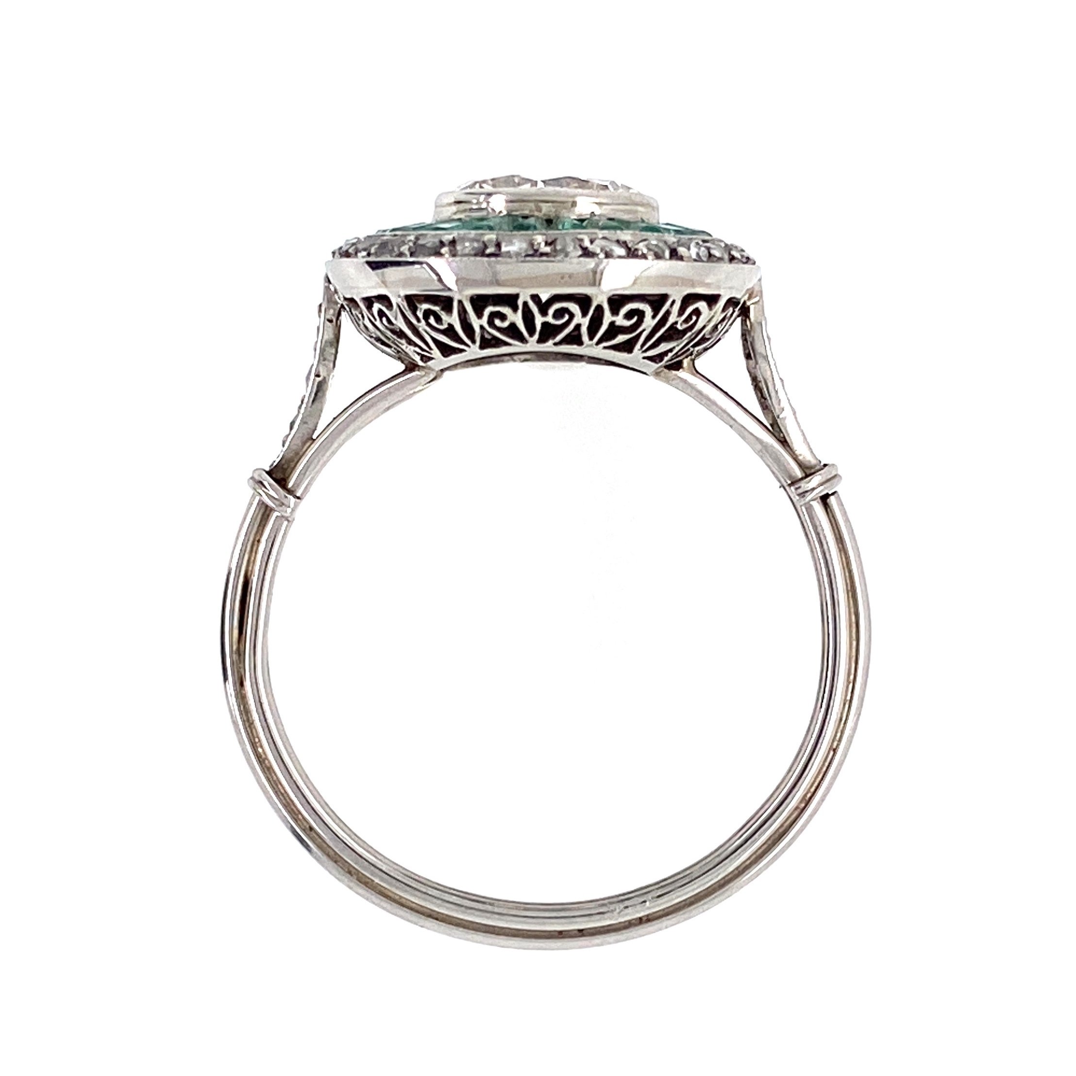 Platinum Art Deco 1.71tcw Diamond & Emerald Ring 4.8g, s7.75