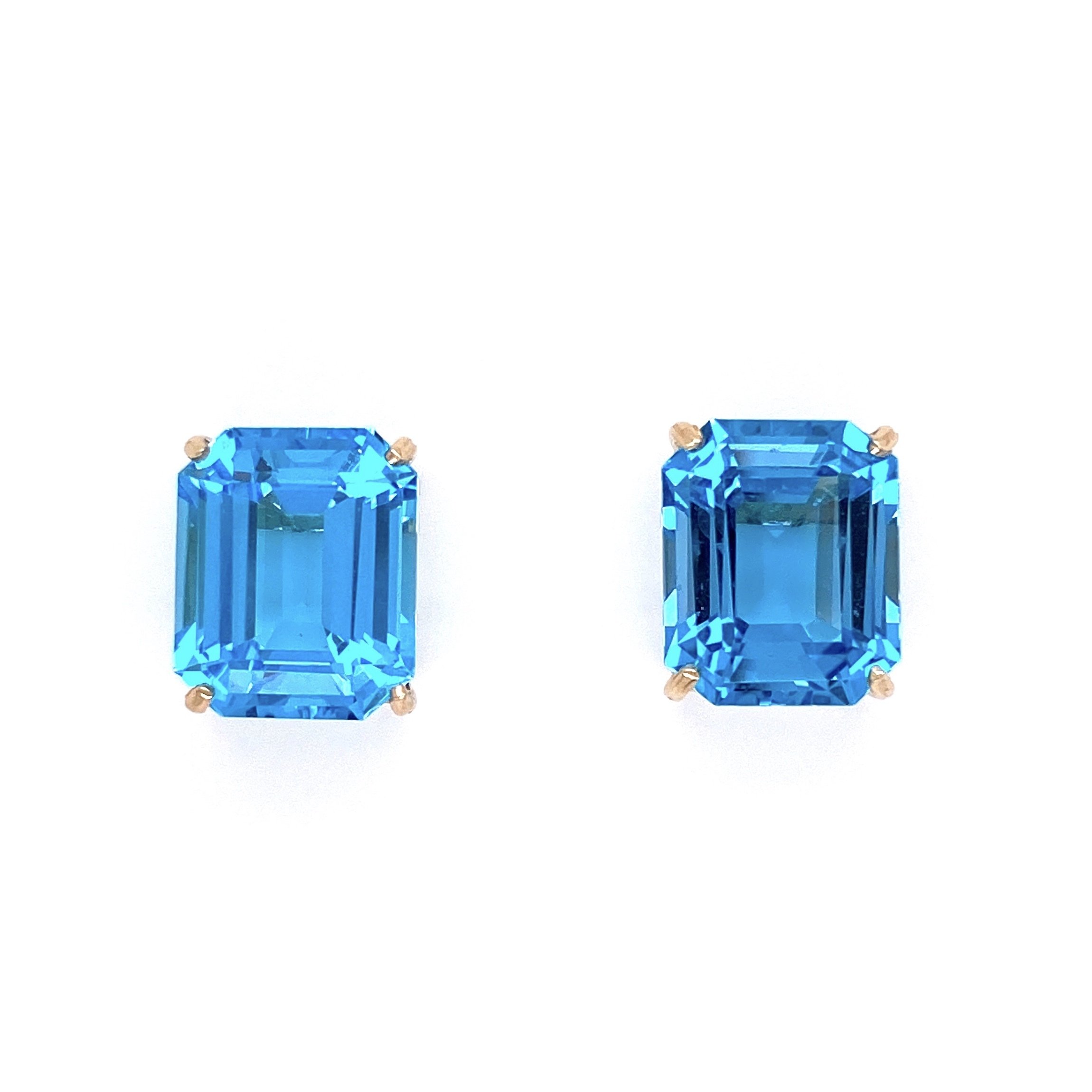 14K YG Emerald Cut 10tcw Blue Topaz Earrings 3.9g, .5"