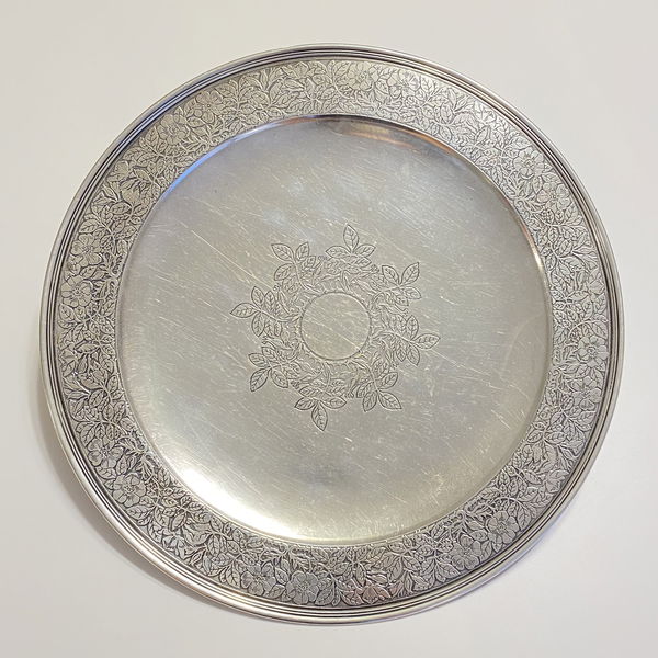 Closeup photo of 925 Sterling Tiffany & Co Engraved 12" Serving Platter c1900, 776g