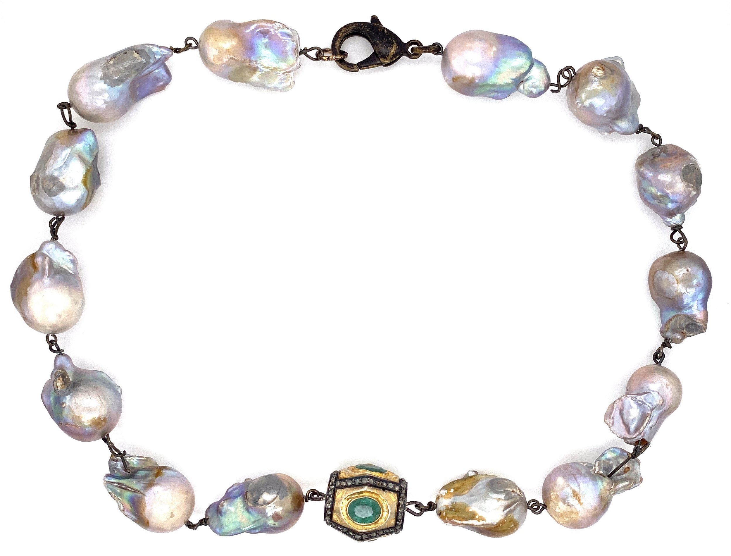 GF Emerald & 1.50tcw Diamond Clasp on Baroque Pearl Necklace 95.5g, 16"