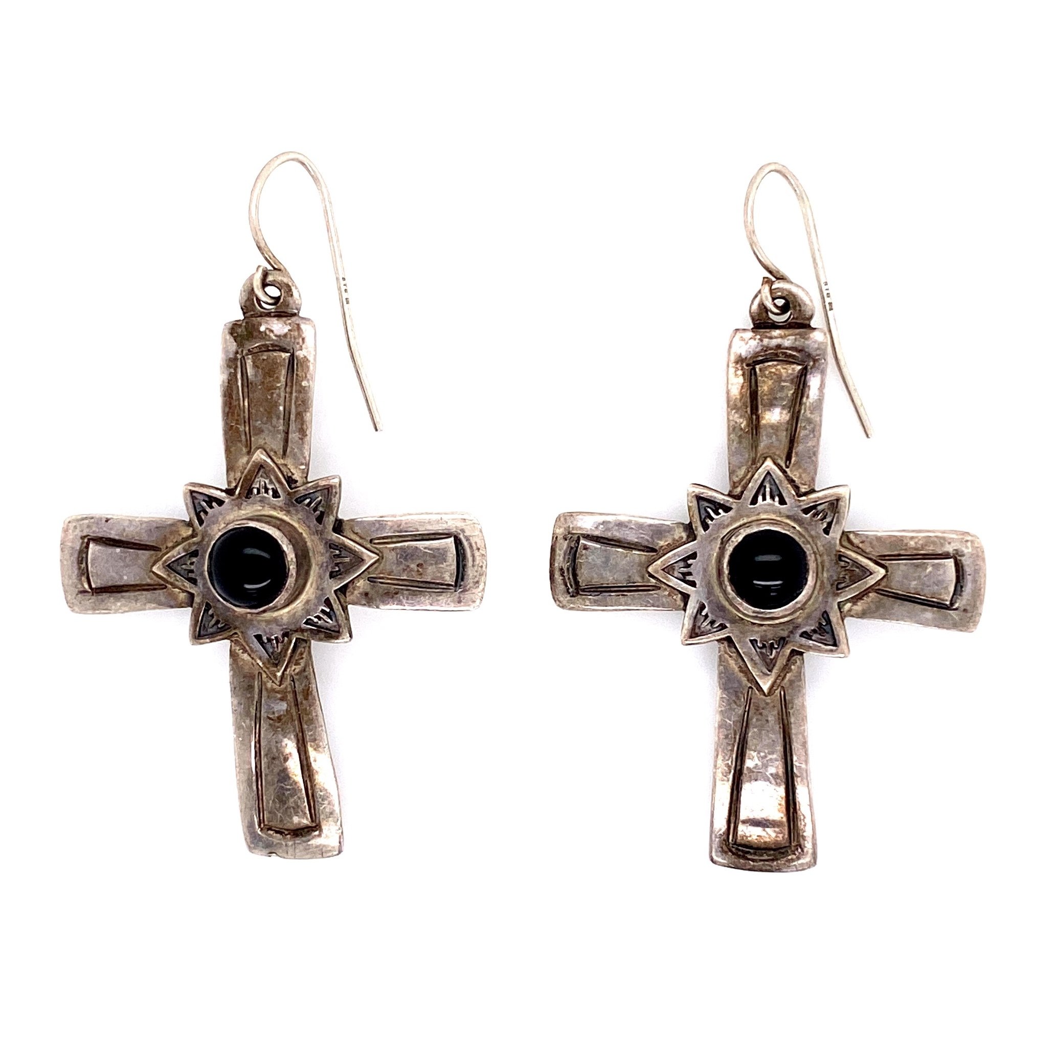 925 Sterling Silver & Onyx JEEP COLLINS Cross Earrings 9.4g, 2"