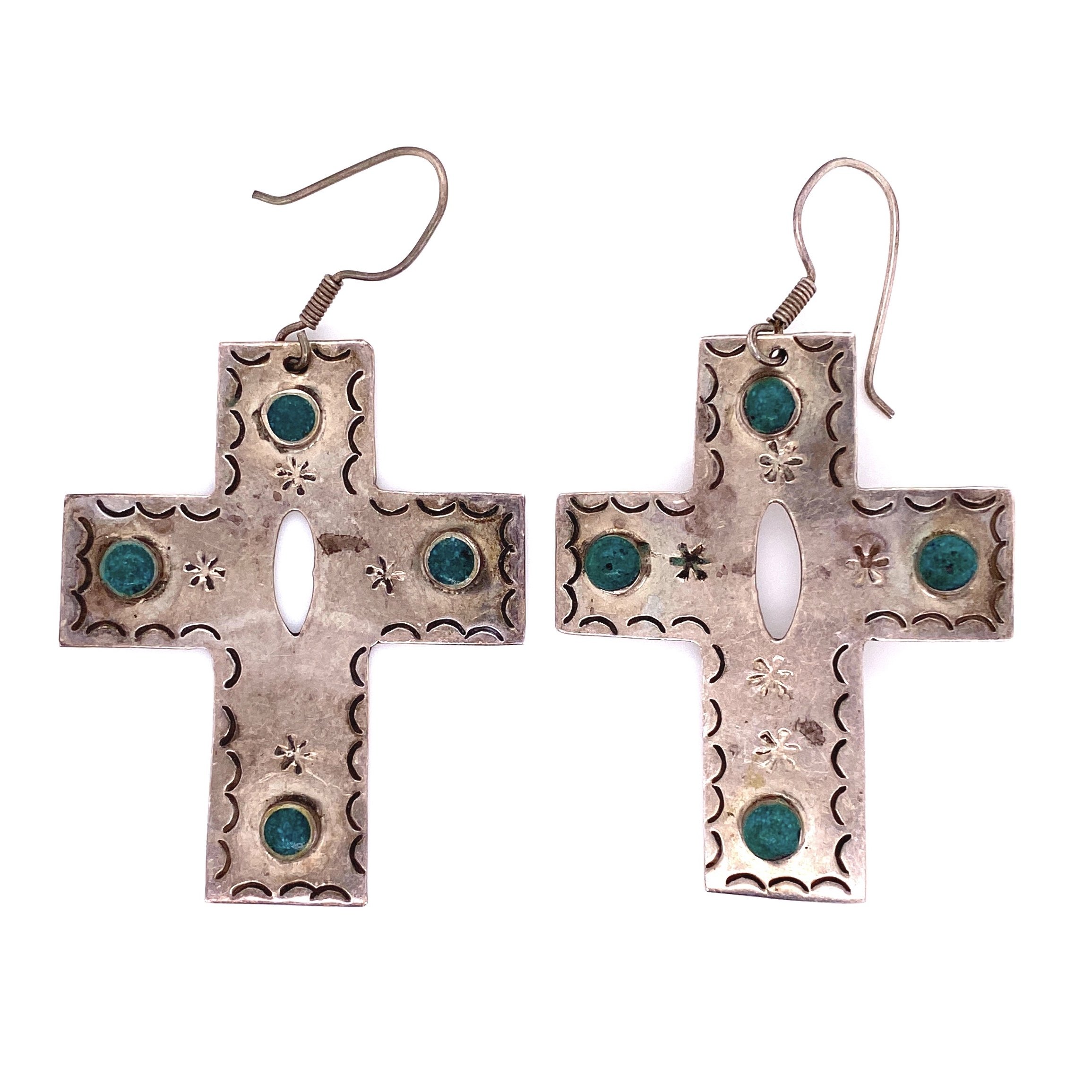 925 Sterling Silver & Turquoise Cross Earrings 17.2g, 2.5"