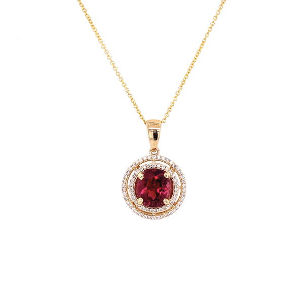 Closeup photo of 14K YG 1.81ct Rubellite Tourmaline & .22tcw Double Halo Necklace 3.3g, 16"