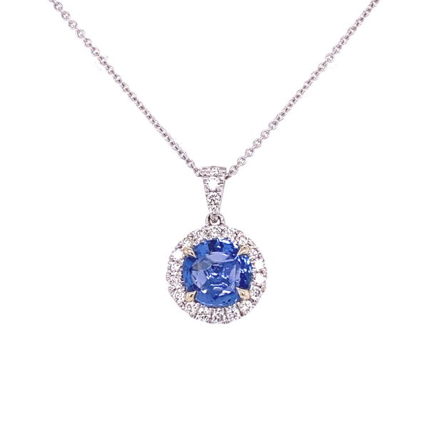 Closeup photo of 14K WG 1.76ct Round Blue Sapphire & .28tcw Diamond Halo Pendant, 16"