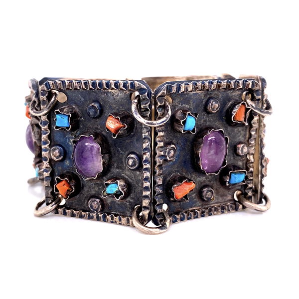 Closeup photo of 925 Sterling TAXCO Bracelet with Amethyst, Turquoise, Coral 45.7g, 6.25"