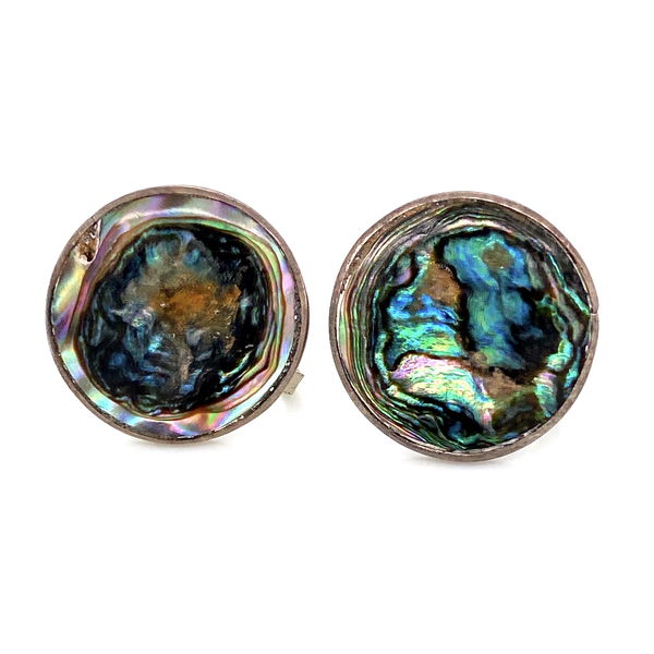 Closeup photo of 925 Sterling Abalone Circle Earrings 7.9g Screw Clips