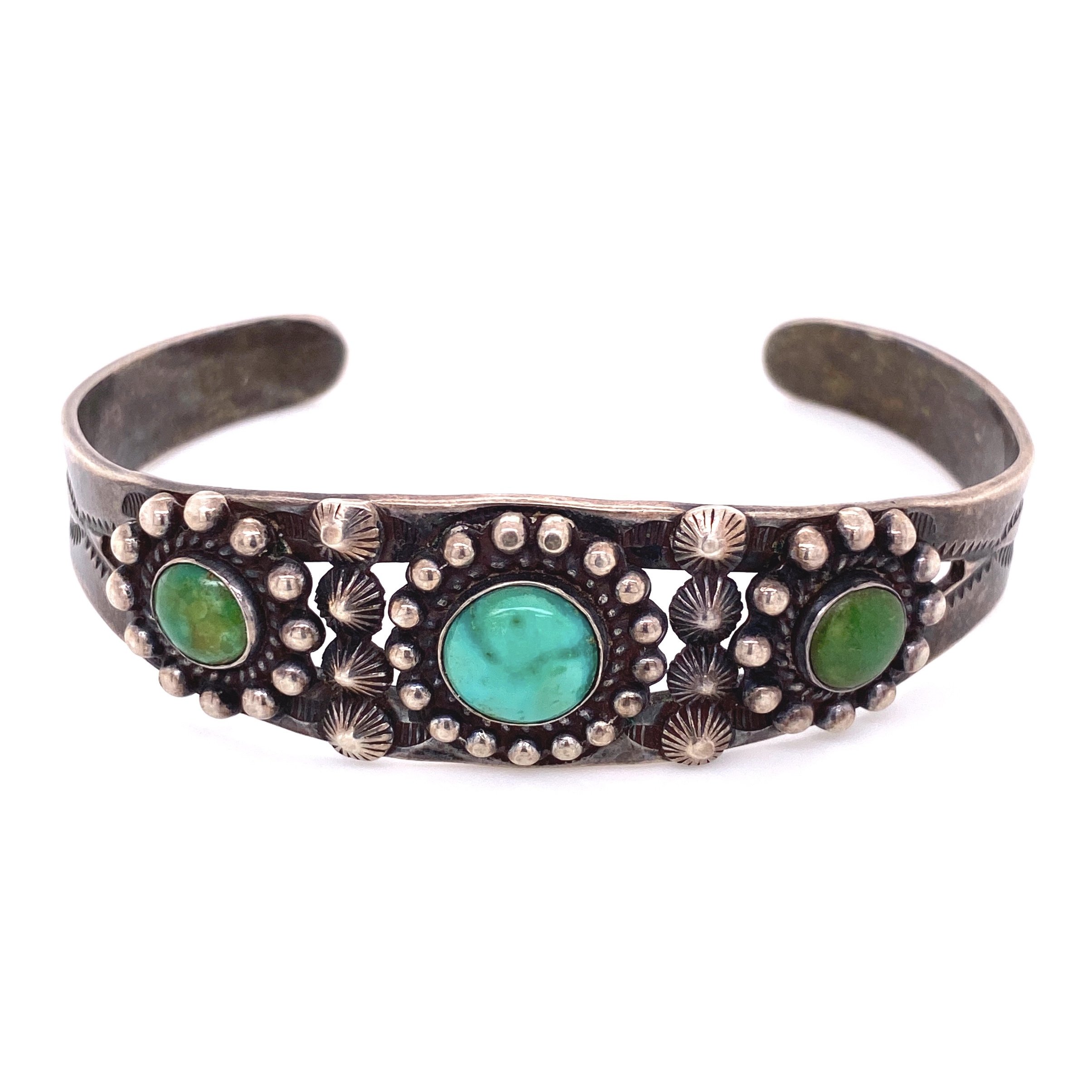 925 Sterling 3 Turquoise Beaded & Engraved Cuff 22.5g