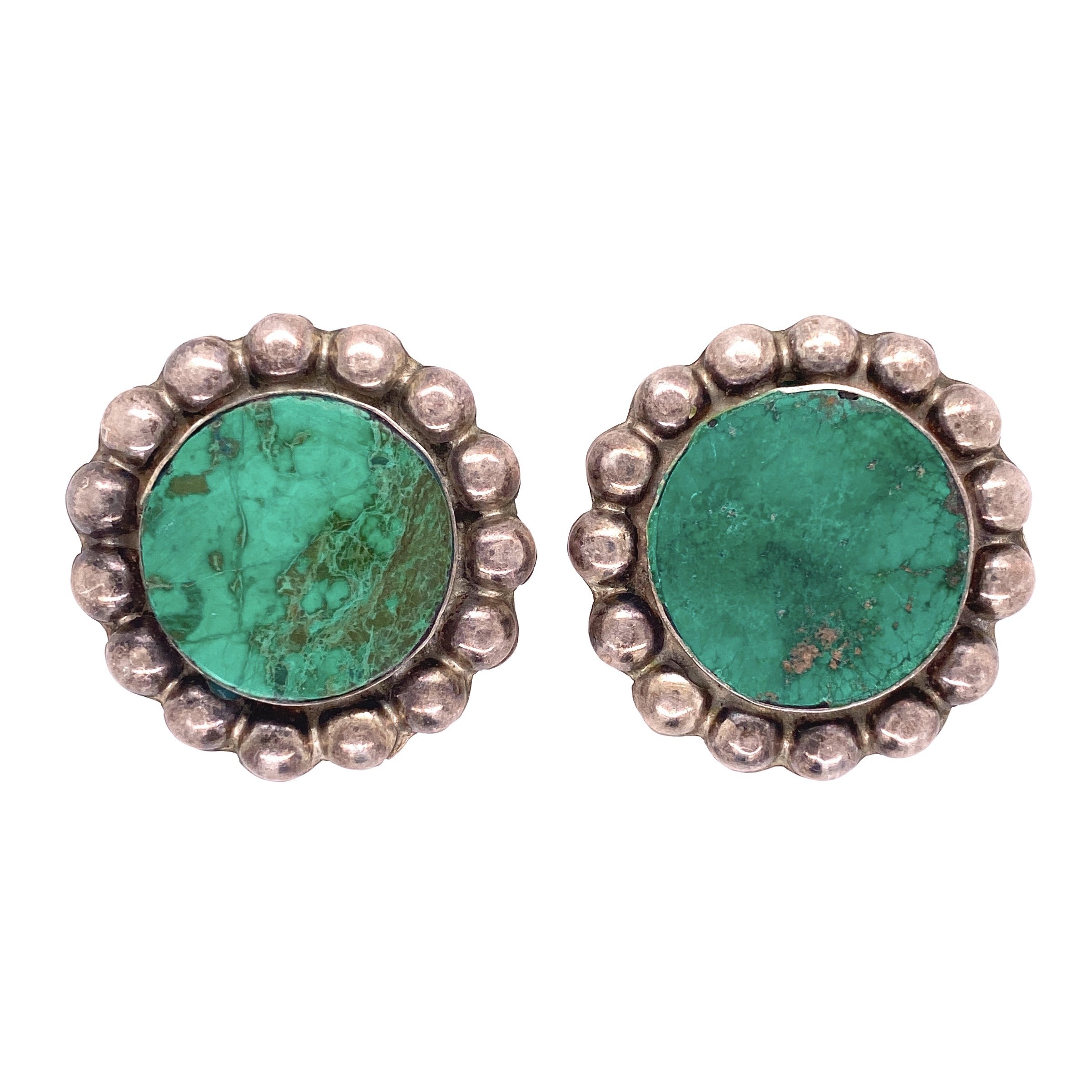 925 Sterling Round Green Turquoise Clip Earrings 18.9g