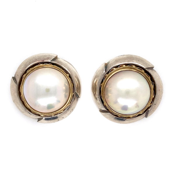 Closeup photo of 14K & 925 Mabe Pearl Clip Earrings 19.1g