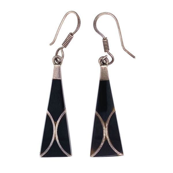 Closeup photo of 925 Sterling Onyx Inlay Dangle Earrings 8.6g