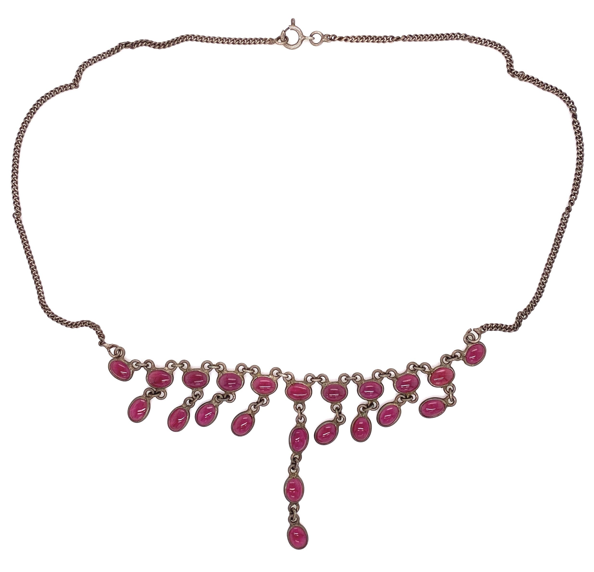 925 Sterling Red Glass Bib Necklace 11g, 17"