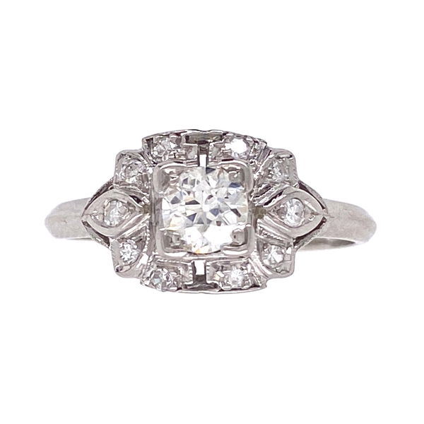 Closeup photo of Platinum Art Deco .32 OEC Diamond Ring with .14tcw Sides