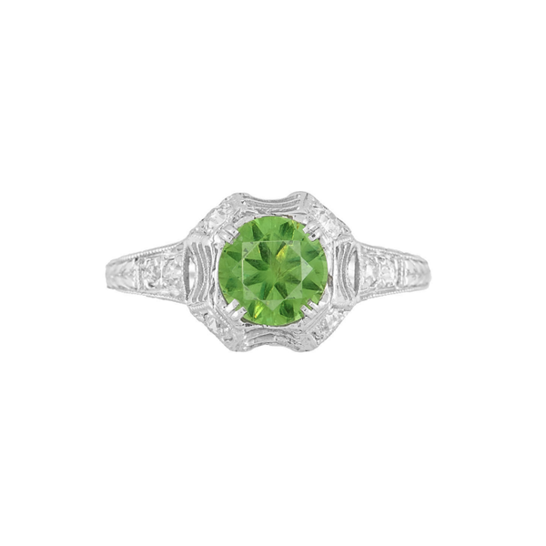 Closeup photo of Platinum Art Deco 1.13ct Round Demantoid Garnet GIA & Diamond Ring, s7