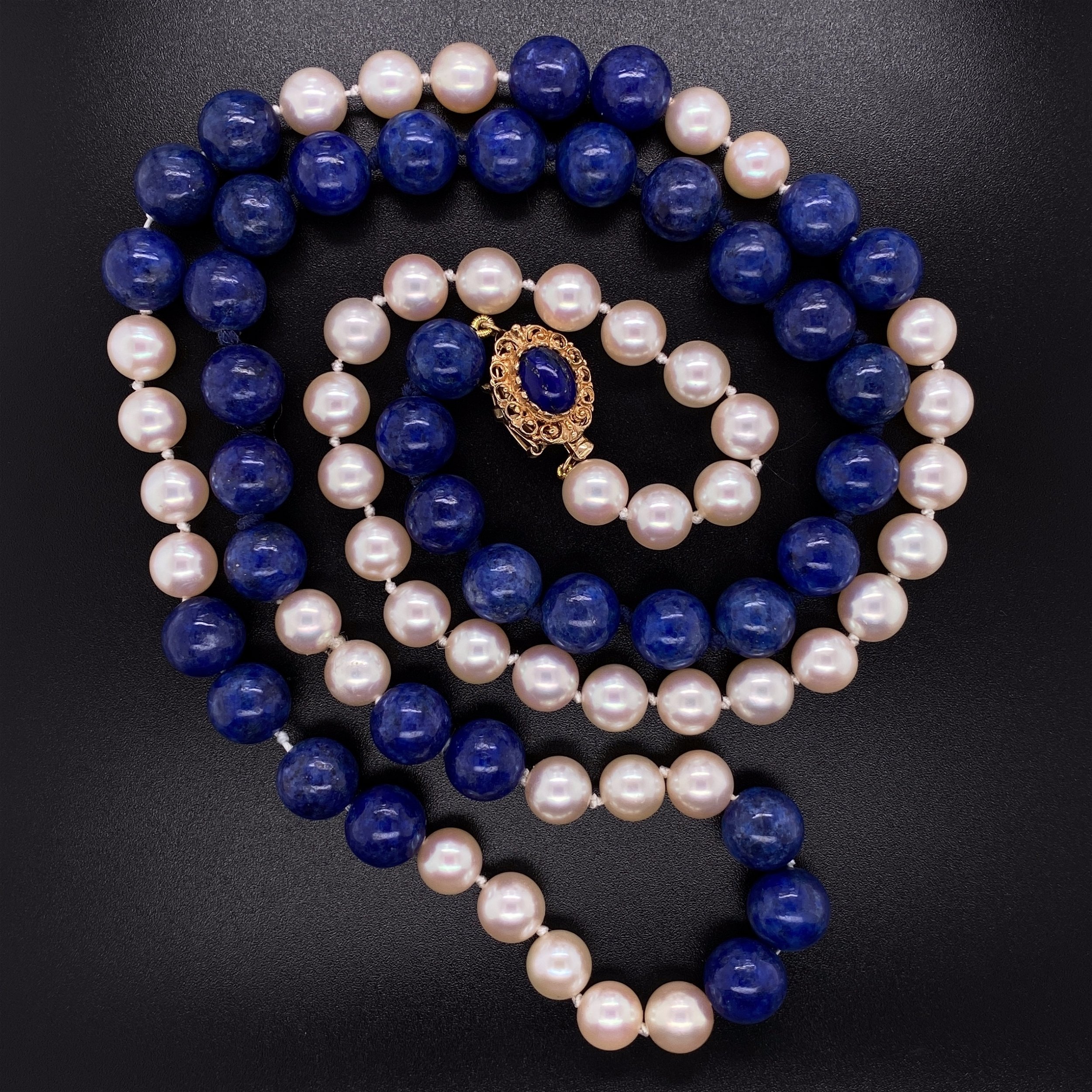 14K YG Lapis Bead & Pearl Strung Necklace 29"
