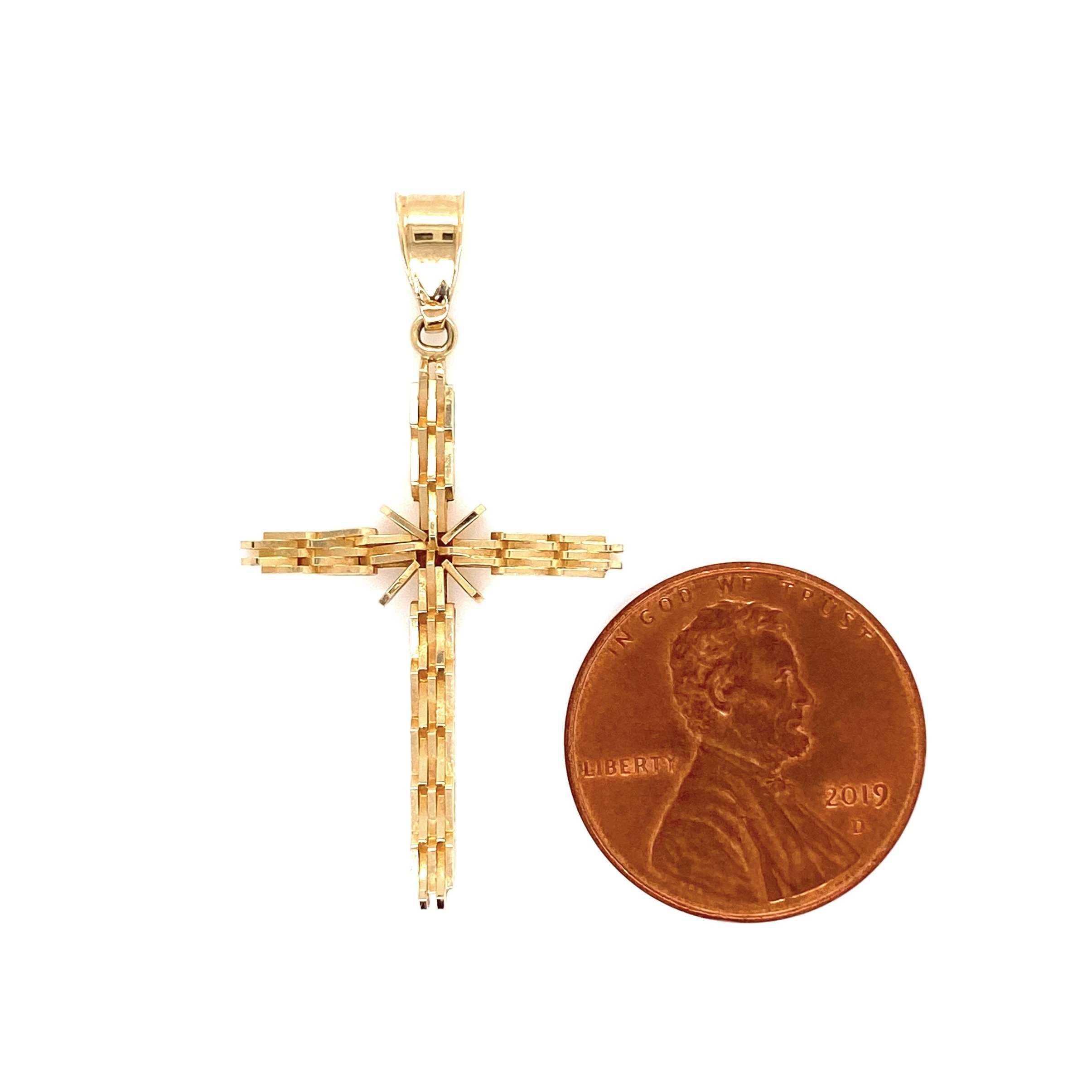 14K YG Fluted Cross Pendant 1.5in tall, on 10K 16" Chain, 3.0g