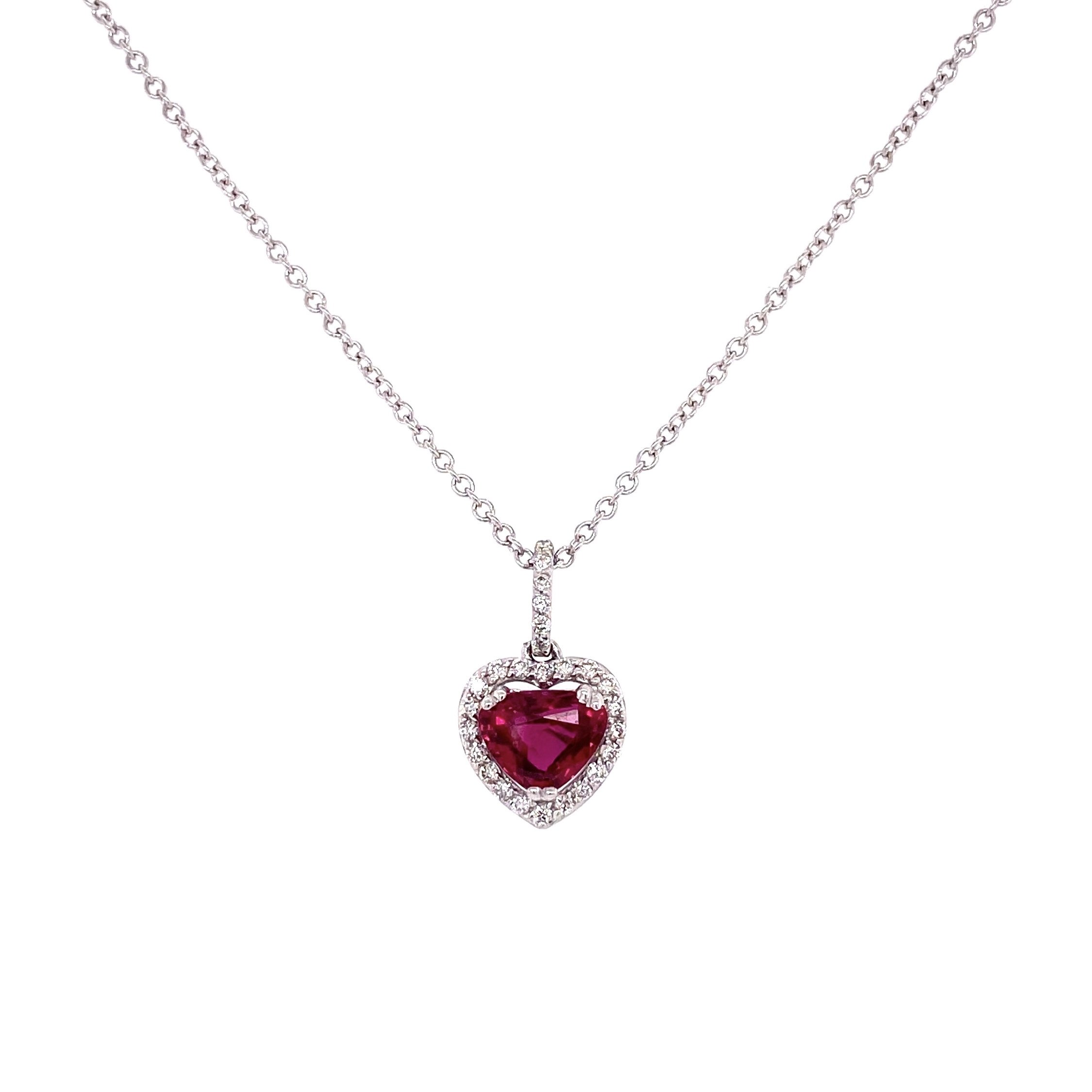 1.30ct Heart Shape Ruby & Diamond Necklace in 14K WG, 2.5g, 16"