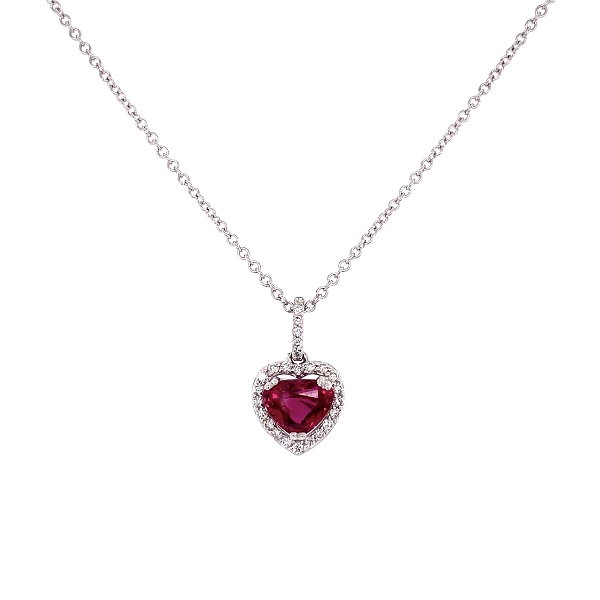 Closeup photo of 1.30ct Heart Shape Ruby & Diamond Necklace in 14K WG, 2.5g, 16"