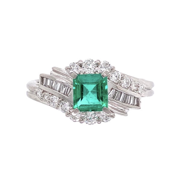 Closeup photo of 1950's Platinum .55ct Emerald & .45tcw Diamond Ring 5.6, s6.25