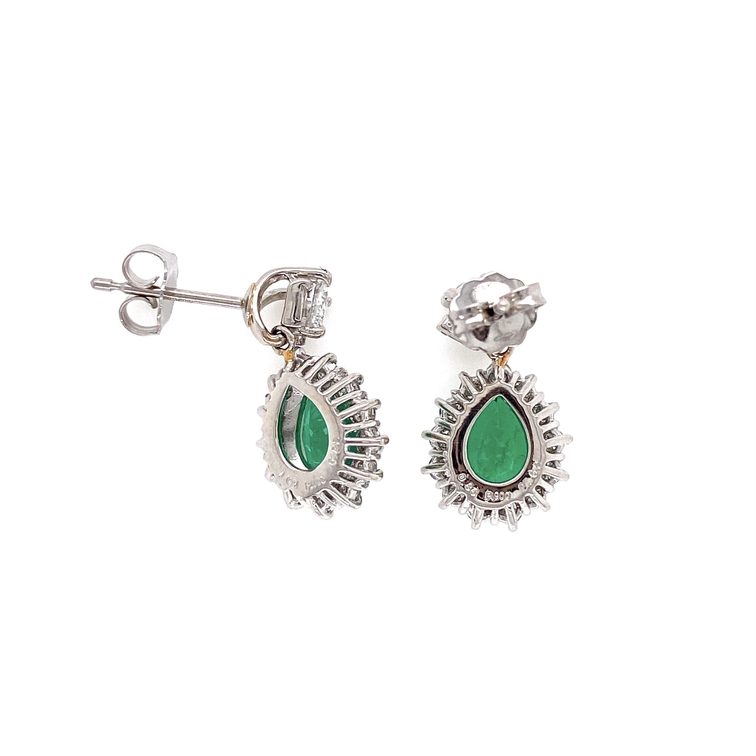 Platinum Pear Emerald & Diamond Drop Earrings 5.8g, 0.75" Tall
