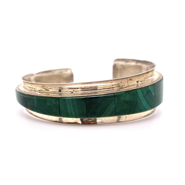 Closeup photo of 925 Sterling Native Tapered Inlay Malachite Cuff Bracelet 30.8g